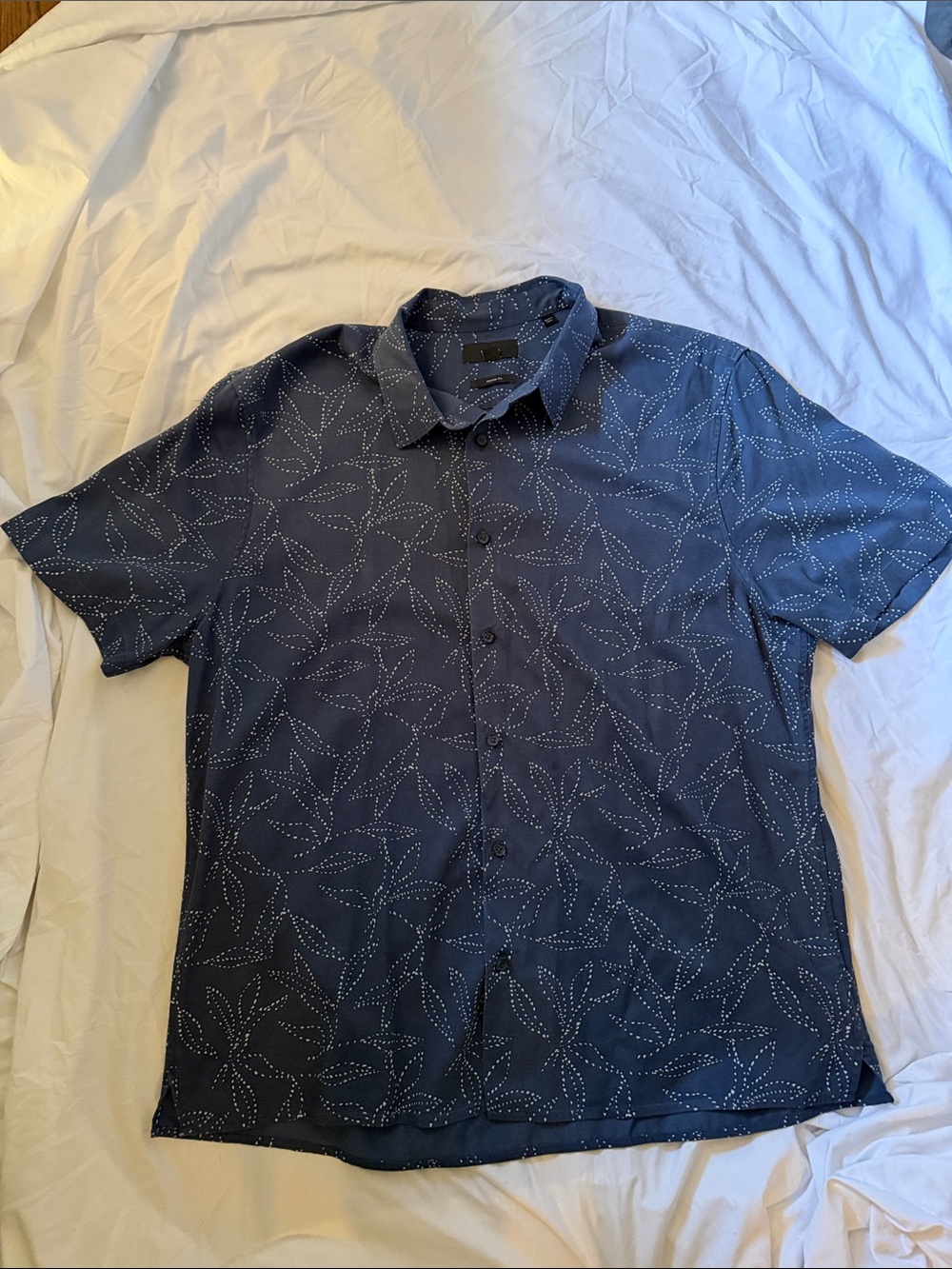 Vince Navy Short Sleeve Button-Up with White Leaf Dot Print